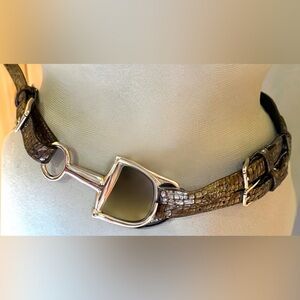 SANDY DUFTLER Snaffle Bit Snake Embossed Print Leather Belt 32 Metallic Brown